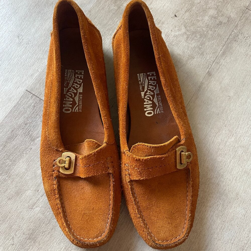 Salvatore Ferragamo Cognac Suede Gancini Loafers